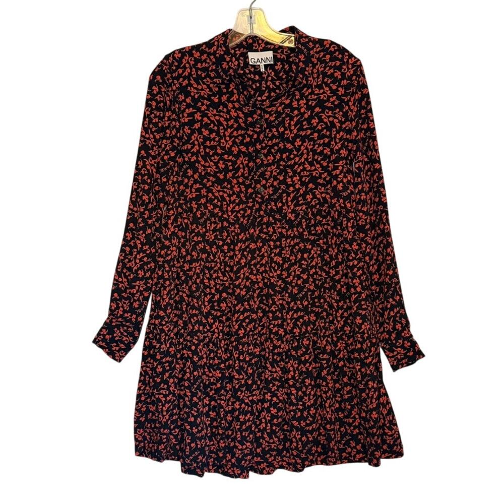 GANNI Floral Crêpe Shirt Dress Long Sleeve Button Black Red Womens 34 US 2